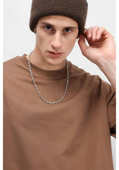 Vamos Basic Oversize Bisiklet Yaka Tişört Kahve