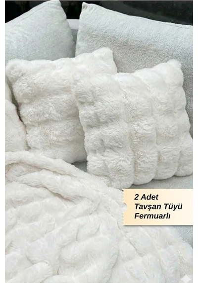 Bubble & Tavşan Tüyü Dokulu 2'li Kırlent Kılıfı Beyaz - 866642103 Beyaz