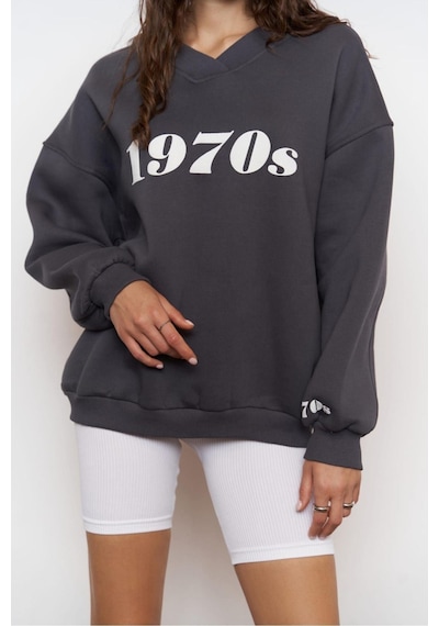 Kadın Katlamalı V Yaka 1970's Baskılı Oversize Sweatshirt Füme