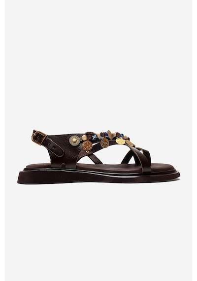 Luvishoes Hush Kahverengi Hakiki Deri Boncuklu Kadın Parmak Arası Sandalet