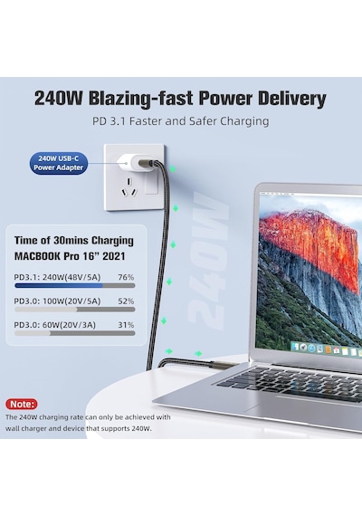 Ultra Usb C To Usb C Kablo 240w Pd 3.1 Hızlı Şarj, 20gbps Veri Transferi, 4k 60hz Görüntü Aktarımı, Usb 3.2 Gen2 Type-c Kablo Ult 300, Santimetre