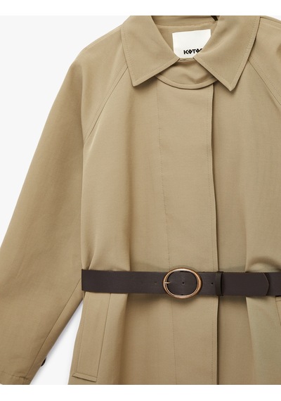 Koton Uzun Kollu Cepli Gabardin Oversize Kemerli Trençkot Haki 6sak00018ew Haki