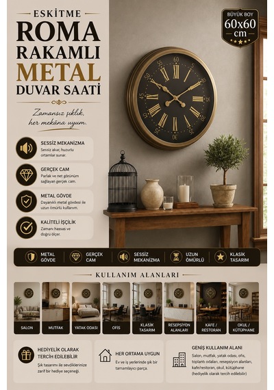 60 Cm Eskitme Metal Roma Rakamlı Duvar Saati