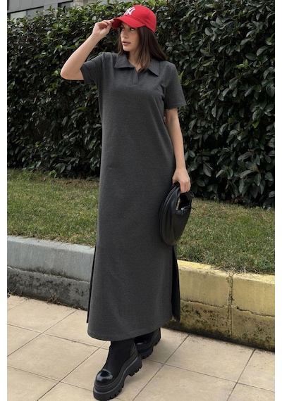 WeShaya Kadın Antrasit Polo Yaka, Kısa Kol, Yırtmaçlı, Basic Model, Uzun Salaş Elbise Antrasit WeShaya Kadın Antrasit Polo Yaka, Kısa Kol, Yırtmaçlı, Basic Model, Uzun Salaş Elbise Antrasit