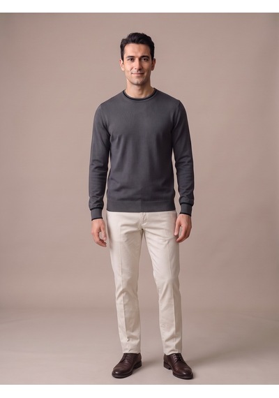 Maccali Erkek Antrasit Kontrast Şeritli Bisiklet Yaka Triko Sweatshirt
