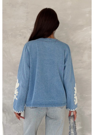 Femelle Kadın Mavi Vintage Nakışlı Kot Denim Ceket Lacivert