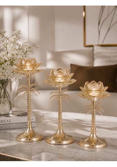 3 Lü Palmiye Tasarımlı Dekoratif Şamdan Mumluk Seti Gold Metal & Cam Detaylı 33 Cm 27 Cm 23 Cm Modern Lüks Ev Dekoru