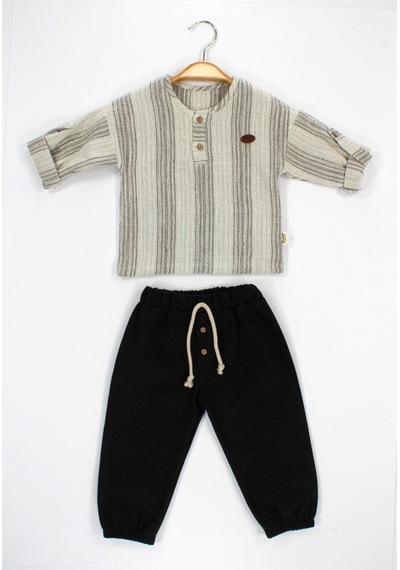 Babyhola Bayramlık Erkek Bebek İkili Takım Katlanabilir Kollu Müslin Üst Ve Pantolon Set 2218 Füme