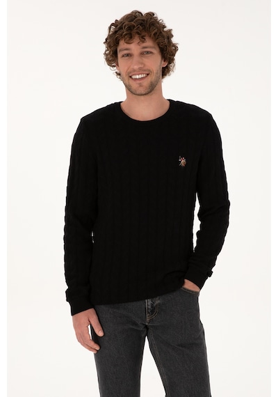 U.S. Polo Assn. Erkek Slim Fit Bisiklet Yaka Desenli Siyah Kazak 50307836-VR046