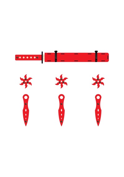 Ahşap Samuray Seti 3 Lü Katana Kılıcı + Kohga + Kunai  Kırmızı