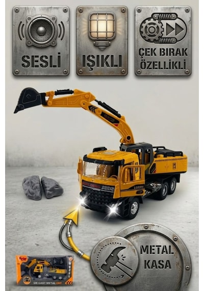 Metal Kasa Sesli Işıklı Ekskavatör Kamyon 35 Cm - 360 Derece Dönen Kepçeli Çek Bırak İş Makinesi