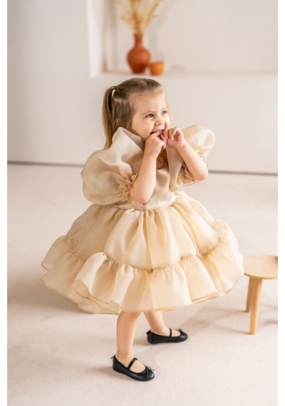 Linola Baby Kids Puffy Şifon Kız Çocuk Parti Elbisesi Bej