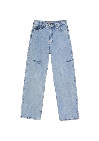 Yırtık Detaylı Bol Paça Denim Pantolon Mavi Mavi