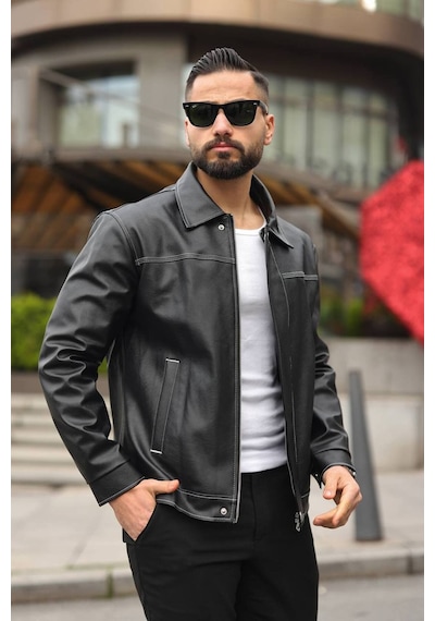 Erkek Dikiş Detaylı Retro Deri Ceket Siyah Byzdkş