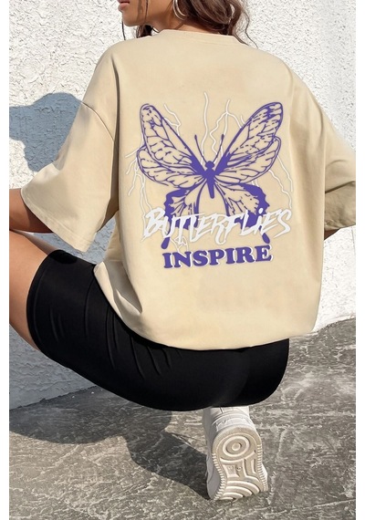 Uyguntarz Unisex Butterfly & Letter Graphic Tasarım T-shirt Bej