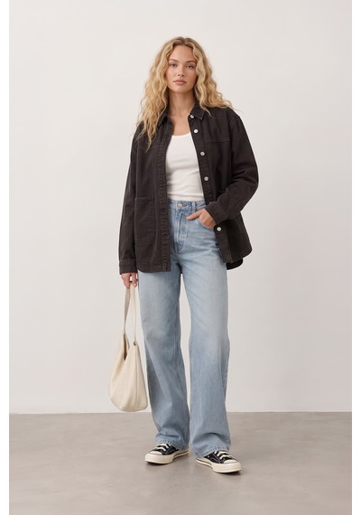Kadın Gömlek Yaka Oversize Kahverengi Jean Ceket