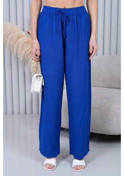 Polologin Butik Beli Bağcıklı Yüksek Bel Bol Paça Koyu Mavi Pantolon Lacivert