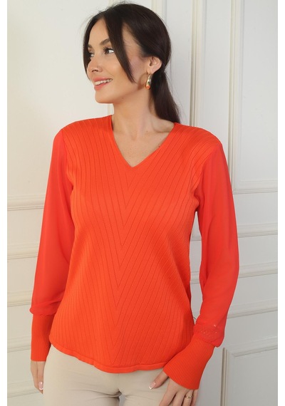 By Saygı Kadın Kolları Şifon V Yaka Kazak-39643 Mercan