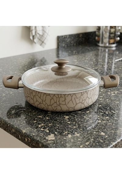 Papilla 24 Cm Karnıyarık Tenceresi - İç Ve Dış Karemel Ve Gümüş Renk Magma Desenli Cam Kapaklı Sığ Tencere