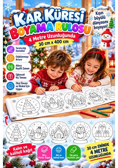Kar Küresi Boyama Rulosu 5 Metrelik Yılbaşı Temalı Çocuk Boyama Kağıdı Eğitici Ve Eğlenceli Aktivite Kış Ve Noel Temalı Renkli Boyama Rulosu