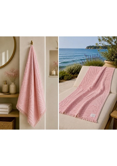 Ege Esintisi Yaprak Jakarlı Plaj & Banyo Havlusu - Gül Esintisi %100 Pamuk Pembe