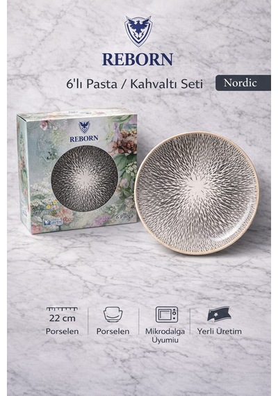 Reborn Kutulu Nordıc 6 Lı Porselen Pasta / Kahvaltı Tabağı Seti 22 Cm Hediyelik & Çeyiz & Yeni Ev Nordıc