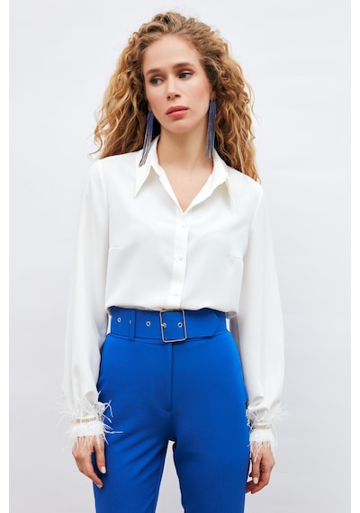 Sateen Manşetleri Aksesuarlı Gömlek - Ekru-132908 Ekru
