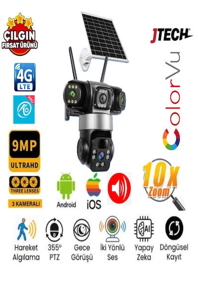 O-kam 6060 3+3+3 9mp 4g Sim Kartlı Solar Panelli 3 Lens 1 Ptz Akıllı Kamera