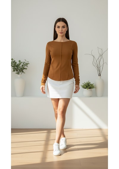 Divinus Kadın Slim Fit Pamuklu Uzun Kollu Bodysuit Taba
