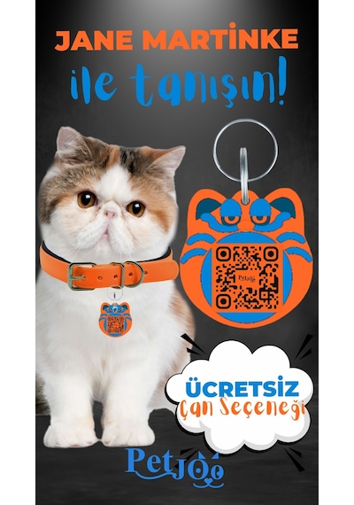 Petjoo 5.Jane Martinke Mavi-Turuncu Qr'lı Kedi Künyesi