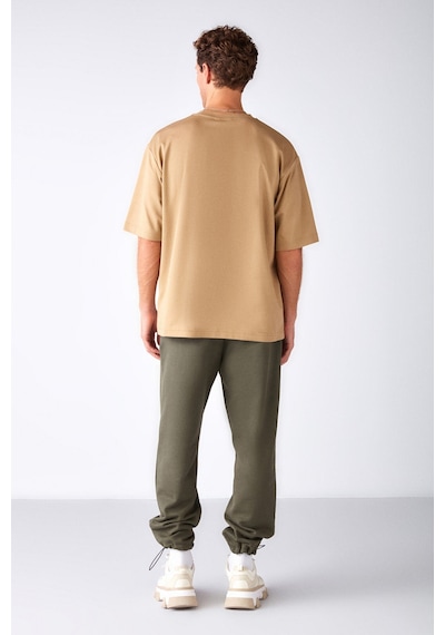 Grimelange Joel Erkek %100 Organik Pamuklu Kalın Kumaşlı Özel Dokulu Etiket Detaylı Oversize Bej T-shirt