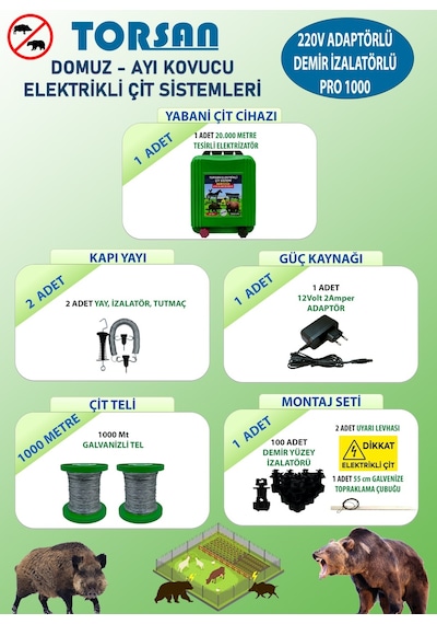 Torsan 220v Adaptörlü Pro Plus 1000 Elektrikli Çit Sistemi Domuz - Ayı Kovucu 1000mt