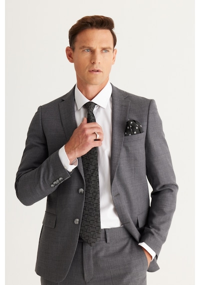 AC&Co / Altınyıldız Classics Erkek Gri Slim Fit Dar Kesim Mono Yaka Cordura Kumaş Yünlü Takım Elbise Gri