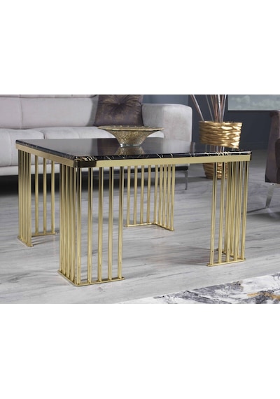 Premium Lüx Yaşam Alanı Kare Orta Sehba 80 80 48 Siyah Altın İşleme Gold Ayak