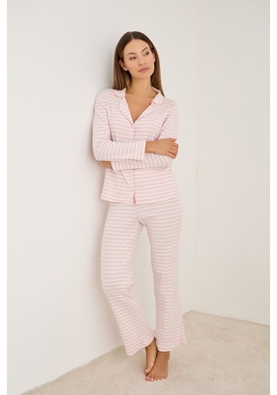 Siyah İnci Fırçalı Soft Fitilli Kaşkorse Hırka Pijama Takım Pembe Beyaz