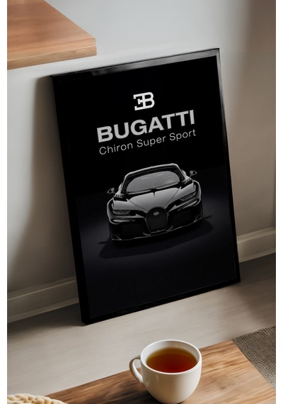 Bugatti Chiron Siyah Ahşap Çerçeveli Poster, Dekoratif Araba Duvar Tablosu