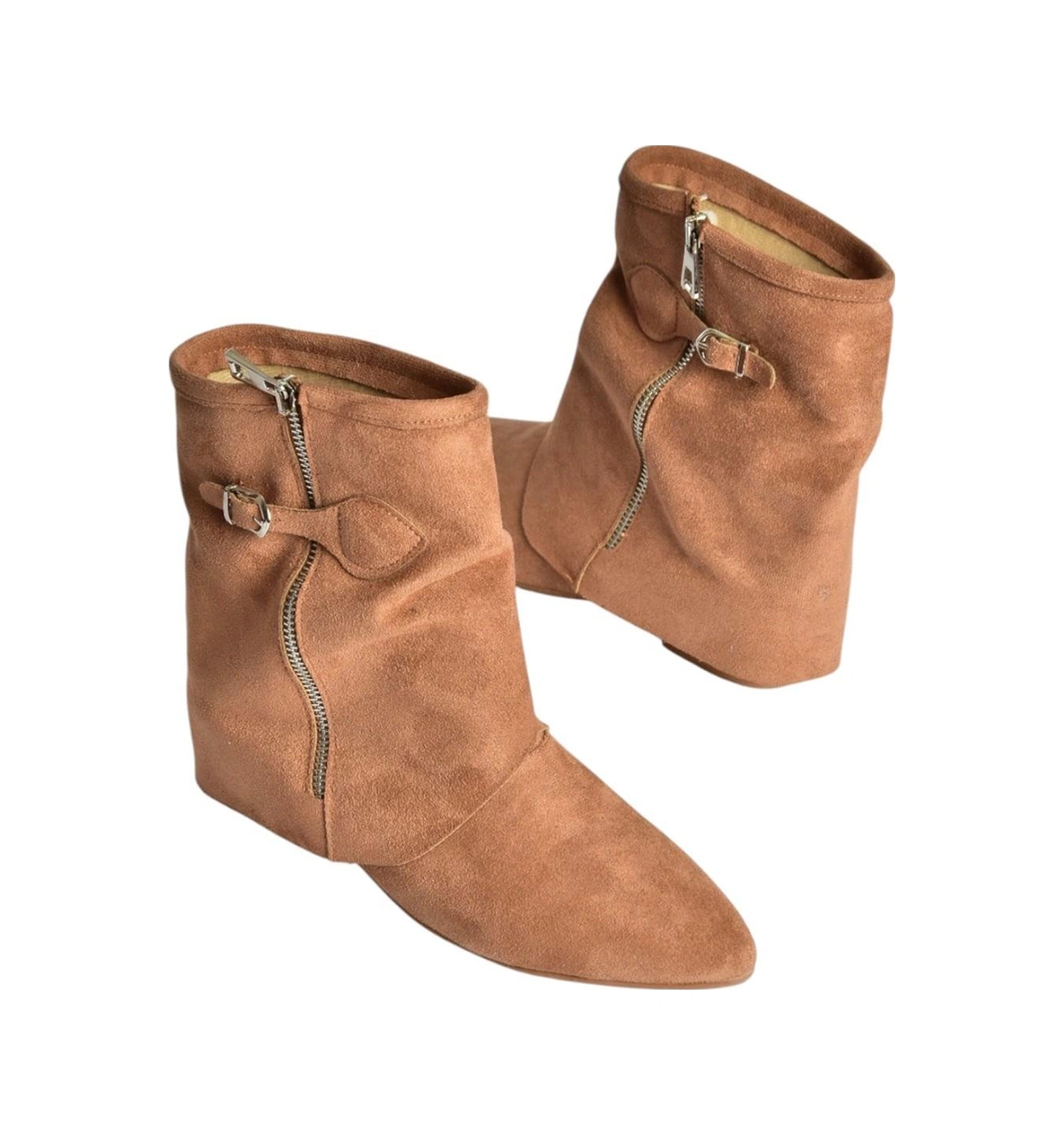Fox Shoes V380518102 Taba Süet Düz Taban Fermuar Detaylı Kadın Bot Taba-Süet