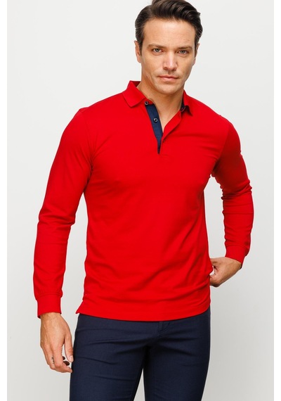 Desen Triko Erkek Polo Yaka Uzun Kollu Sweatshirt Kırmızı Kırmızı
