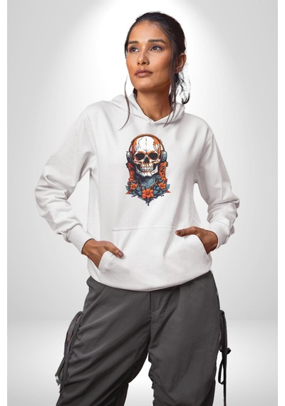 Müzik Kulaklık Takan Kurukafa Kırmızı Gül Kadın Erkek Beyaz Kapüşonlu Sweatshirt Hoodie Beyaz