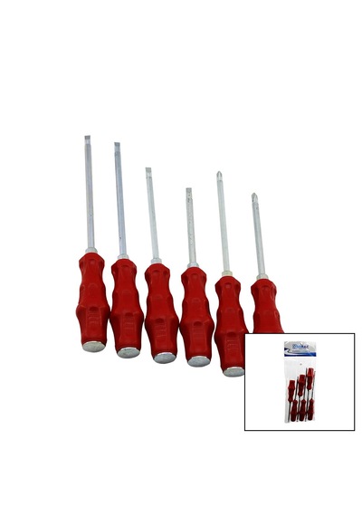 Pvc Ambalaj Kırmızı - Plastik Saplı Darbeli 6lı Set Çift Taraflı Tornavida Takımı 5332