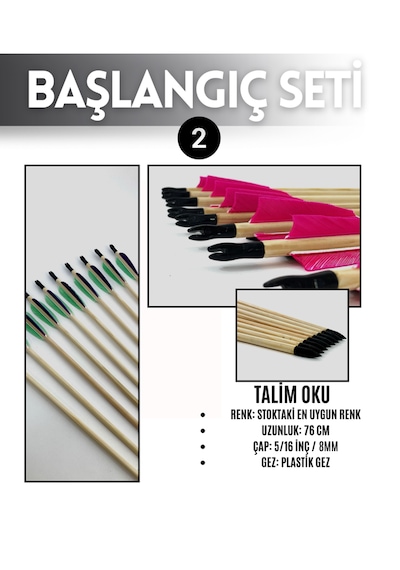 Geleneksel Okçuluk Başlangıç Seti - Elif Yay (Kaplamalı) + 5 Ok + Zihgir + Tirkeş