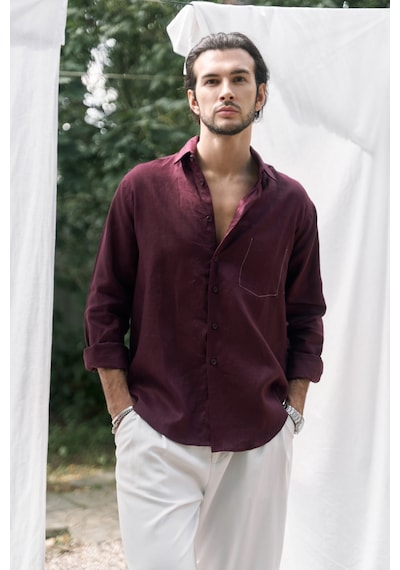 Mai Collection Mai Studios Co. Ombretta Bordo Keten Oversize Erkek Gömlek Bordo