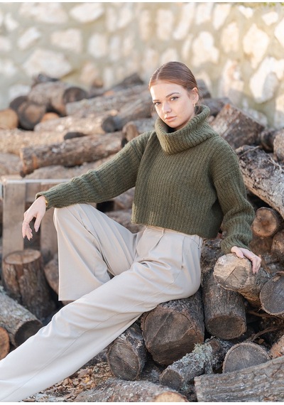 Balıkçı Yaka Örme Crop Kazak Haki
