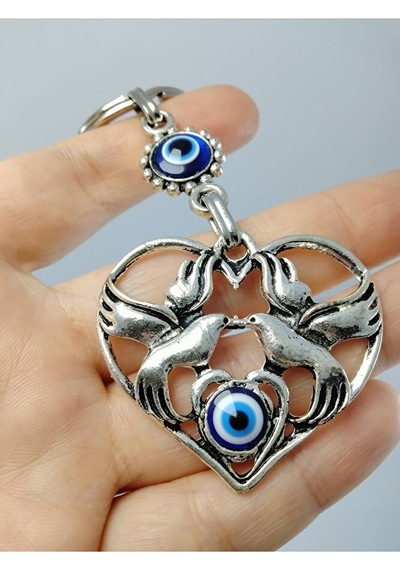 Metal Kuşlu Kalp Nazar Boncuğu Anahtarlık/araba Dikiz Ayna Süsü H