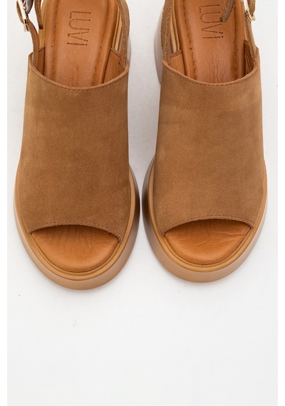 Luvishoes Power Taba Süet Hakiki Deri Kadın Dolgu Topuklu Sandalet Taba Süet