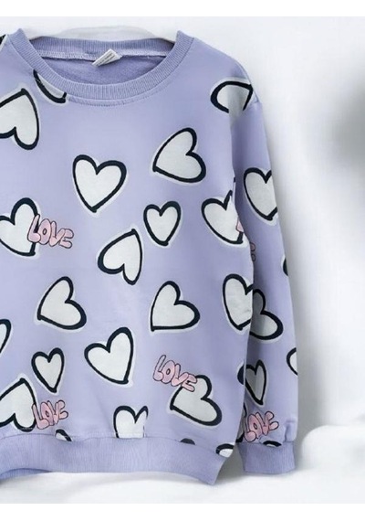 Kız Çocuk Kalp Desenli Pamuklu Sweatshirt-14301 Lila