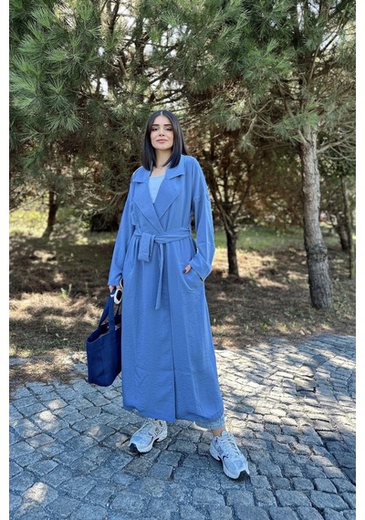 Kadın Mavi Kruvaze Yaka, Kemerli, Cepli, Salaş Kesim Uzun Trençkot