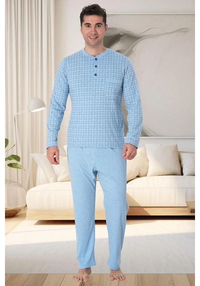 Mecit Pijama Mecit 22759 Mavi Şardonlu Kışlık Büyük Beden Erkek Pijama Takımı Mavi