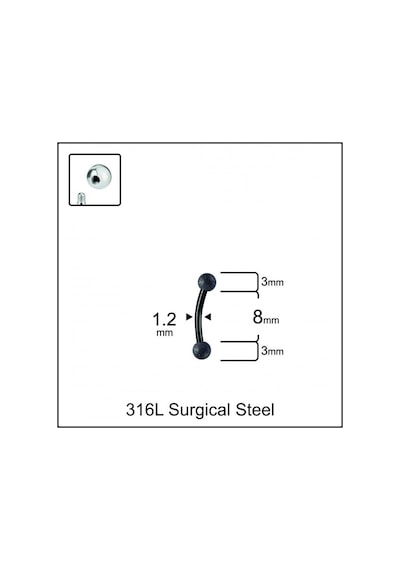 %100 Cerrahi Çelik Cancanlı Top 3 MM X 8 MM X 1.2 MM Siyah Banana Piercing Siyah