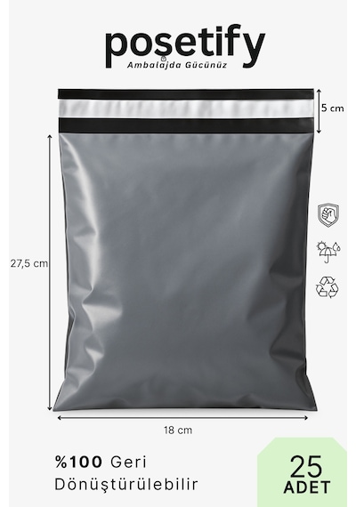 Cepsiz Kargo Poşeti 18x27,5x5 Cm 25 Adet E-ticaret Poşeti Gri Yapışkan Bantlı Kargo Zarfı